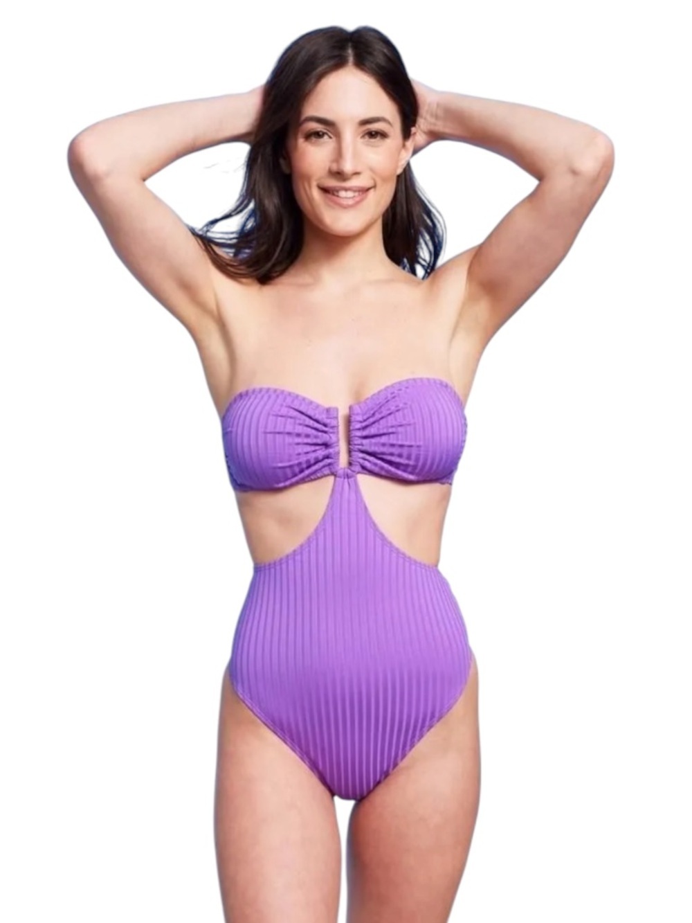 🌻NEW Shade & Shore Purple Ribbed Bandeau Cut Out One Piece Swimsuit Monokini M